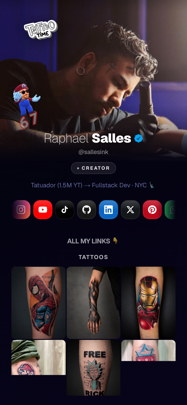 Raphael Salles’s real Linkbuk page, with cover, social links and tattoo portfolio